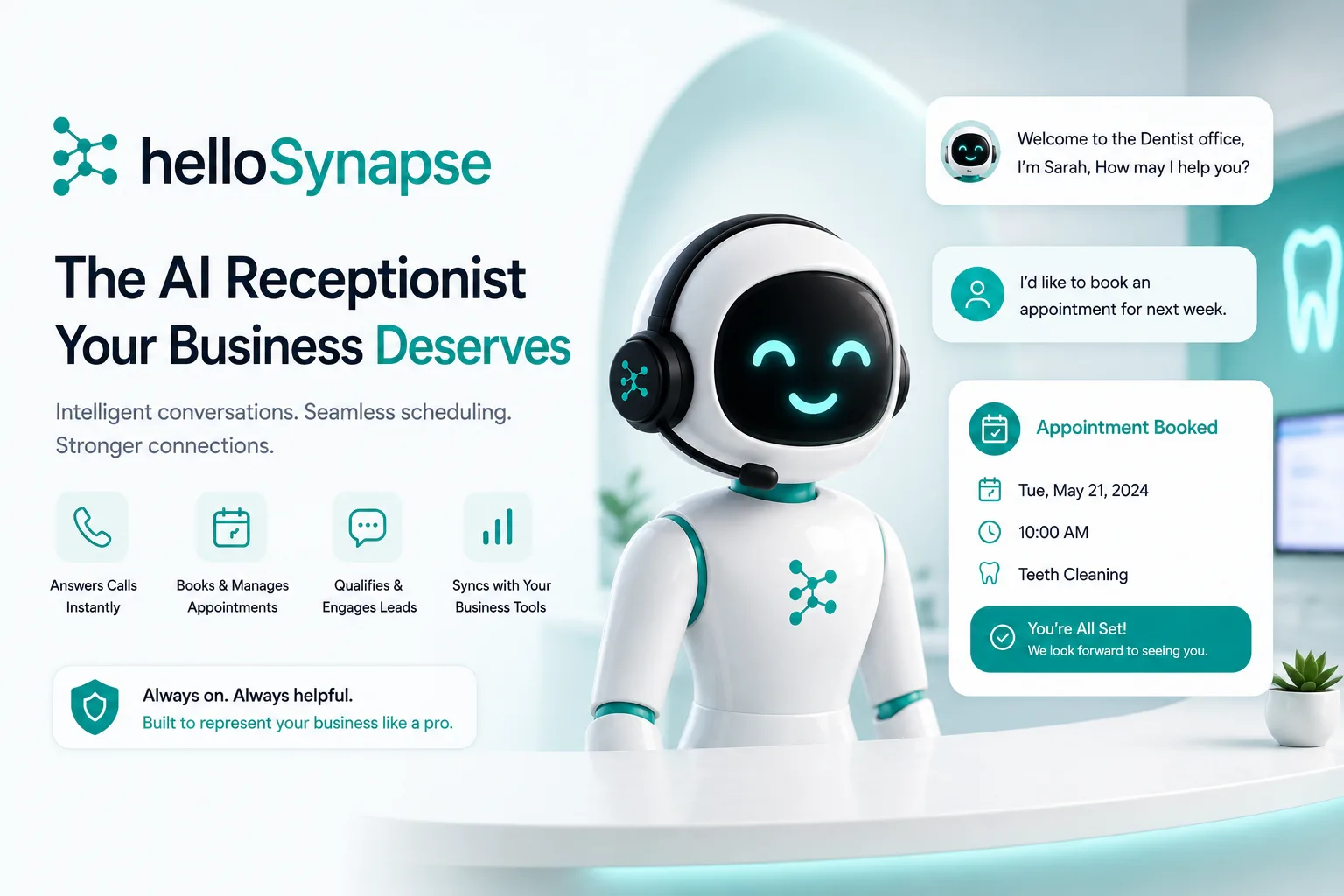 helloSynapse AI receptionist answering a call, checking availability, and booking an appointment